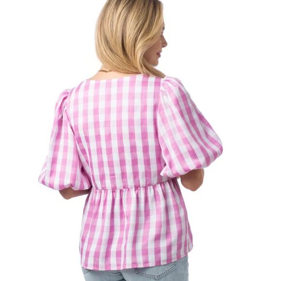 CROSBY Mollie Burch Jackie Puff Sleeve V-neck Top Medium Pink White Gingham - Picture 5 of 10